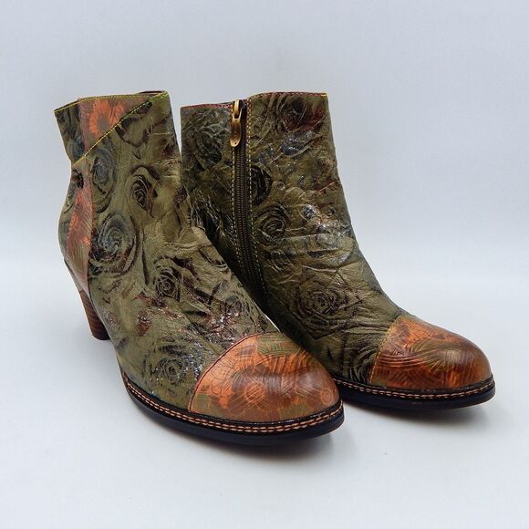 Spring Step L'Artiste Boots 42/11 Green Floral Leather Waterlily Zip Ankle Boho - Picture 1 of 14